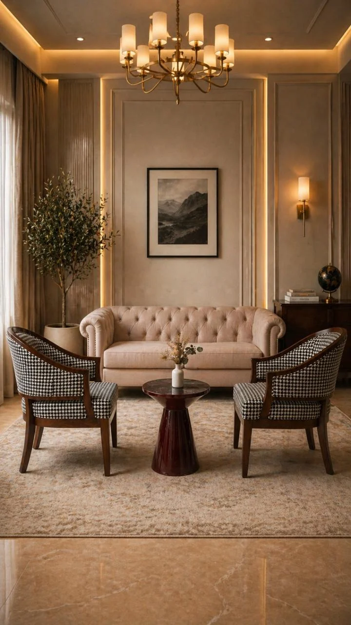 Furniture reference: a warmly lit formal lounge with upholstered seating