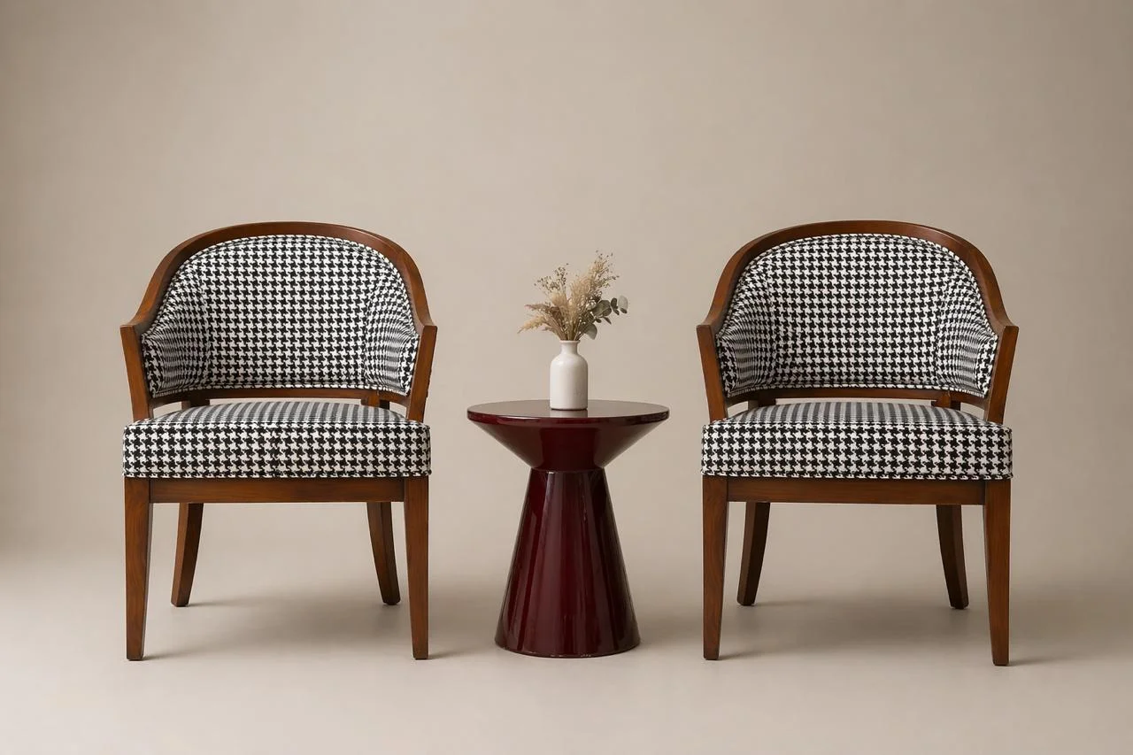 Patterned barrel chairs