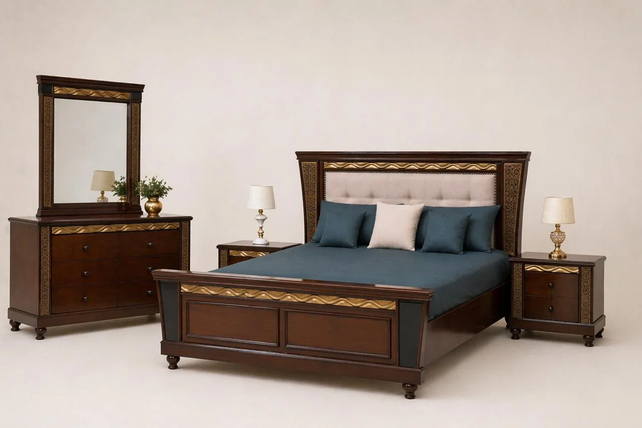 Supplied bedroom suite reference with coordinated bed and storage